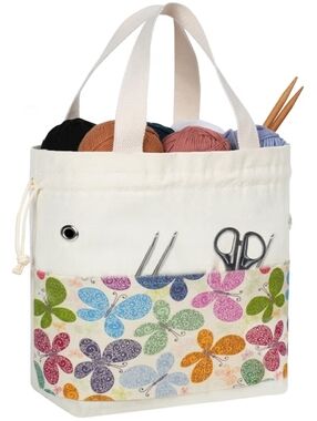 Butterfly Canvas Project Bag Tote - Cream with Multicolor Butterflies